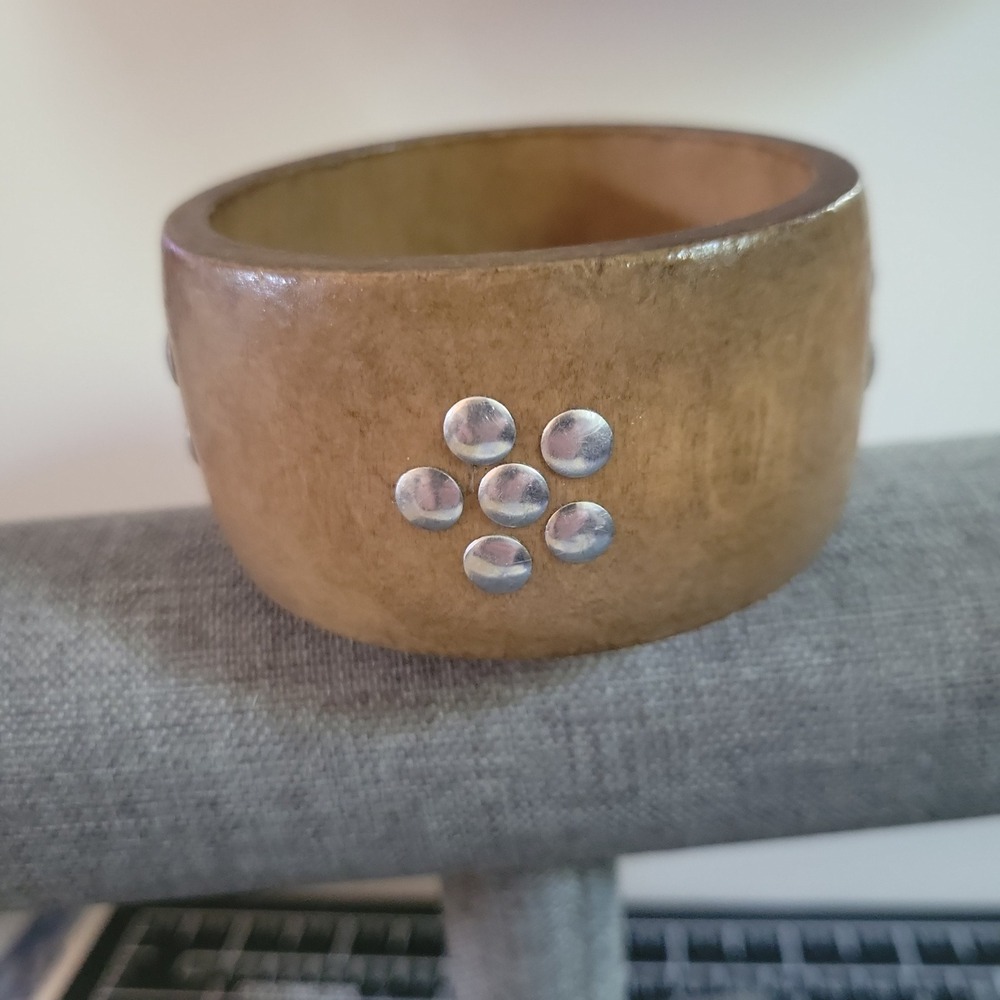 Vintage Studded Wood Bangle Bracelet Brown Chunky Boho Size L Hippie Y2K